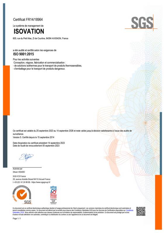 certification iso9001 fabricant emballage isotherme